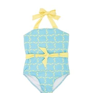 The Beaufort Bonnet Company Light Blue & Yellow Bow Halter One-Piece Swimsuit